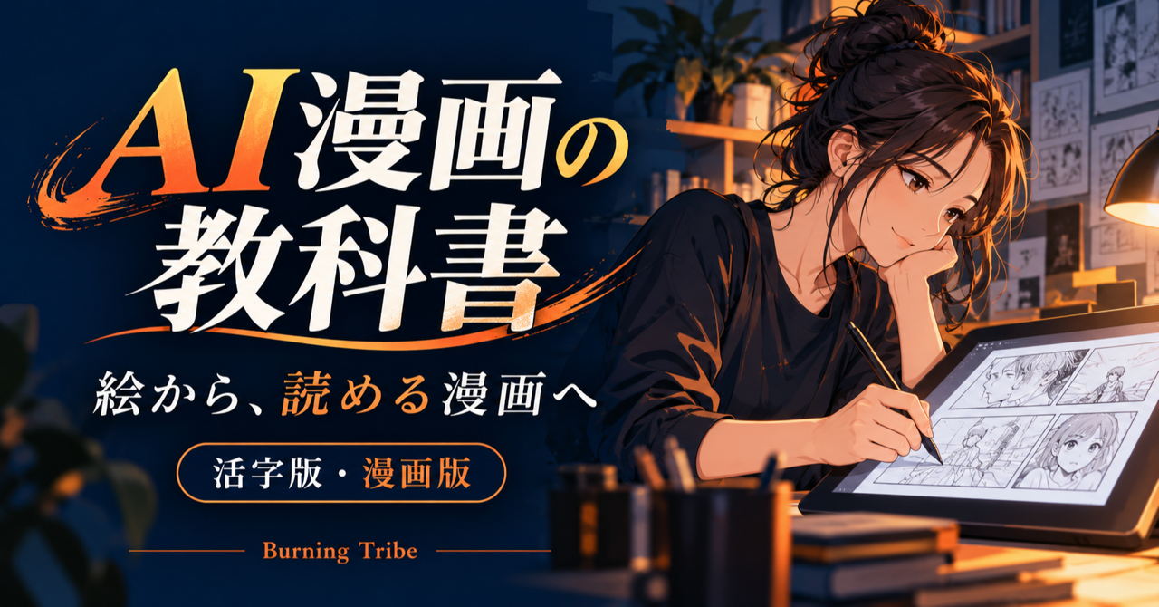 AI漫画の教科書。絵から、読める漫画へ。活字版・漫画版。Burning Tribe