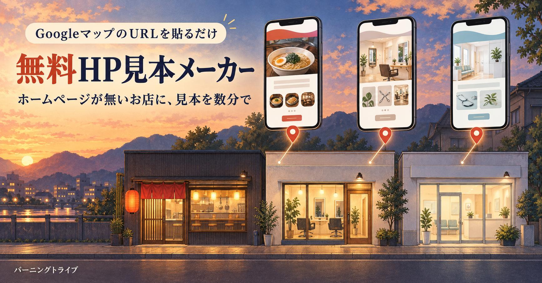 GoogleマップのURLを貼るだけ。無料HP見本メーカー。ホームページが無いお店に、見本を数分で。バーニングトライブ。